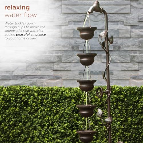 Alpine Corporation MAZ254 Outdoor Floor Tiered Vintage Water Fountain w/ 6 Hanging Cups, Soothing Tier Waterfall, 38", Bronze - Image 5