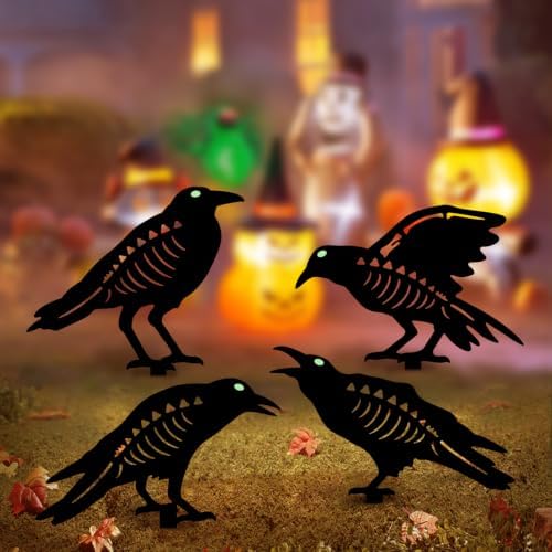 Outdoor Halloween Decor,4 Pack Metal Black Crow Garden Stakes & Glow Eyes by NalunelawnHomeGardenDecor
