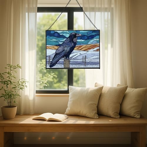 Raven Sitting on Frosted Fencepost Rectangular Stained Glass Suncatcher – Hanging Window Panel with Animal & Nature Scene – Vibrant Glass Art Gift for Wildlife, Fantasy, Nature Lovers U61mJ6 - Image 7