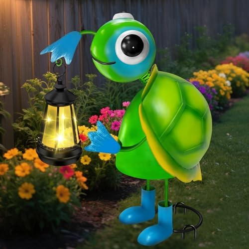 Solar Garden Lights 13.78in Metal Turtle Statue with Solar Lantern Lights by EDOF