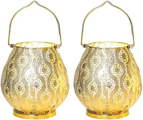 TRIROCKS Set of 2 Moroccan Decorative Lamps 8'' High Cordless Lamp Metal Table Lamps with Fairy Lights Bulb for Home Living Room Garden Yard Party Events Tabletop Indoor Outdoor(Gold) - Image 3