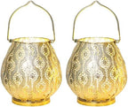 TRIROCKS Set of 2 Moroccan Decorative Lamps 8'' High Cordless Lamp Metal Table Lamps with Fairy Lights Bulb for Home Living Room Garden Yard Party Events Tabletop Indoor Outdoor(Gold) - Image 3