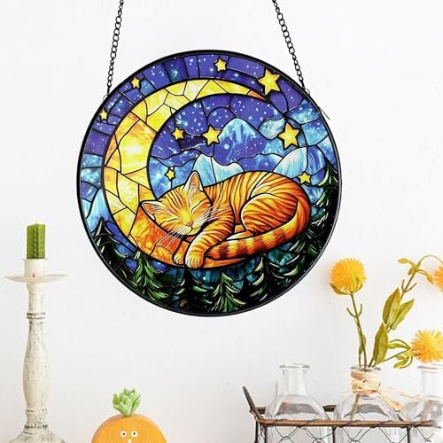 Cat Stained Glass Suncatcher Window, Cat Sun Catchers Indoor Window, Suncatcher for Mom/Women (Moon Sleeping) - Image 5