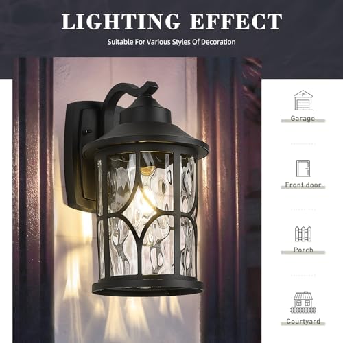 zeyu 14.6 Inch Outdoor Porch Light, Farmhouse 1-Light Outdoor Wall Sconce, Die-Cast Aluminum in Black Finish, Clear Water Ripple Glass, ZX48MB-WG BK - Image 3