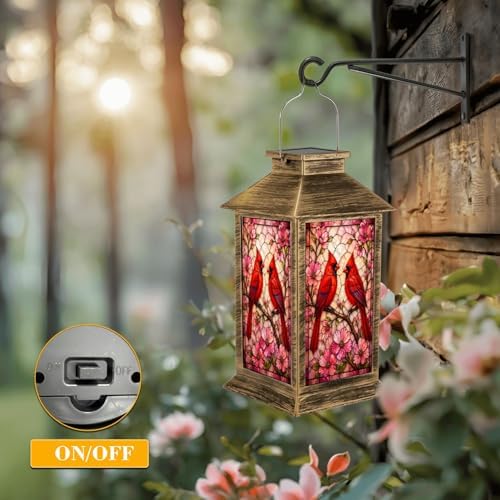 Solar Lantern Outdoor Waterproof Red Cardinals Flowering Branches Stained Glass Art Garden Decor LED Hanging Solar Lights Tabletop Lamp Gifts for Women Mom Outside Yard Patio Porch - Image 5