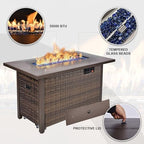 42" Propane Fire Pit, Outdoor Wicker Fire Pit Tables Rectangular Tabletop with Blue Glass Stones, 50000 BTU w/CSA-Certified and Tables for Outside Patio, Backard (Brown) - Image 4