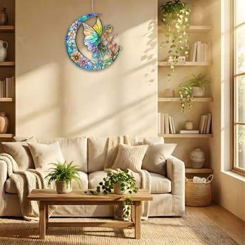 Crescent Moon Fairy Acrylic Suncatcher 8 Inches, Halloween Decoration Indoor Outdoor, Boho Bedroom Porch Decor, Stained Glass Effect Window Hanging, Floral Decor, Fantasy Gift for Her - Image 6