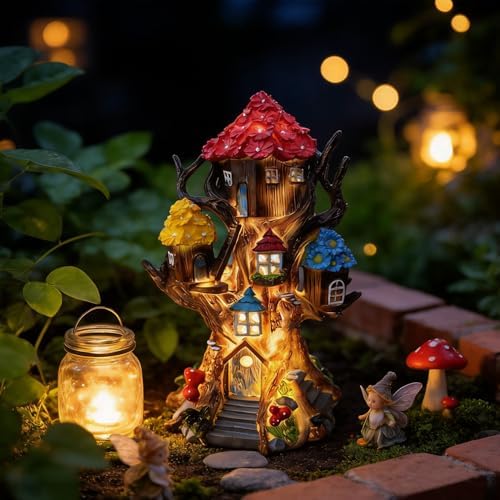 Solar Fairy House 11.8” Tall Fairy Garden House for Outside, Large Fairy Garden Treehouse Accessories Outdoor, Gnome House Garden Statue Fairy Tree House, for Home, Yard, Balcony Decor - Image 6