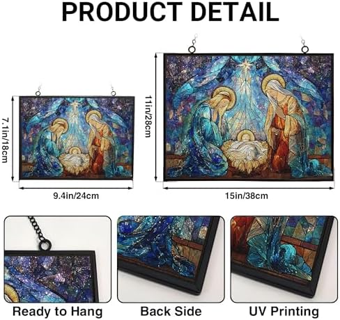 Rectangle Religious Christmas Nativity with Star Stained Glass Window Hanging Customized Suncatcher Glass Panel with Metal Chain Sun Catchers Wall Art Home Decor Gift for Women - Image 3