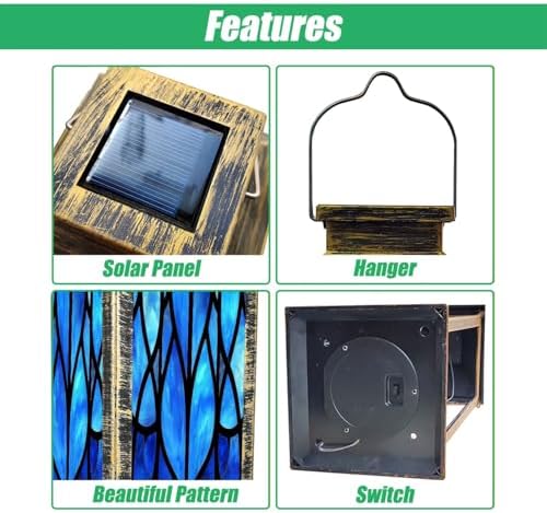 Solar Lantern Blue Stained Glass Window Seamless for Modern Design Luxury Outdoor Garden Hanging Lantern Waterproof Solar Powered Lighting Outside Table Lamp for Deck Yard Camping Patio Decor - Image 3