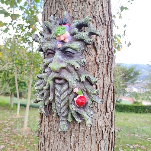 Whimsical Tree Face Garden Decoration ，Tree Faces Decor Outdoor Wallmounted Statue Art with Leaf Features, Outdoor Decor Garden Accessory (Green) - Image 4