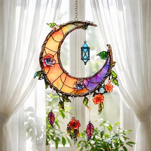 Floral Crescent Moon Acrylic Suncatcher 10 Inches, Halloween Decoration Indoor Outdoor, Boho Bedroom Porch Decor, Stained Glass Effect Window Hanging, Mystical Gift for Her by XISZYS