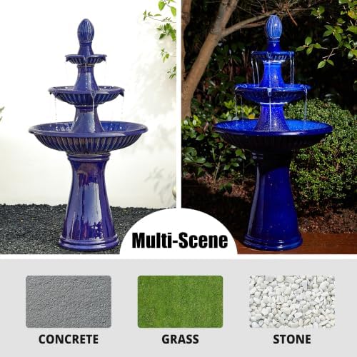 Glitzhome Water Fountain Outdoor Floor-Stand Fountain with LED Light & Pump Oversized 3 Tier Ceramic Cobalt Blue Patio Fountains and Waterfalls Outdoor Yard Fountains for Lawn Garden Backyard - Image 4