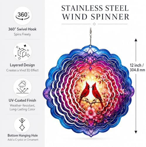 Shwing Wind Spinner 12 Inch Cardinal Bird Wind Spinner Hanging Wind Sculptures Red Cardinal Floral Mandala Metal Ornament Outdoor Kinetic Garden Art for Patio Porch Garden Spring Decoration - Image 5