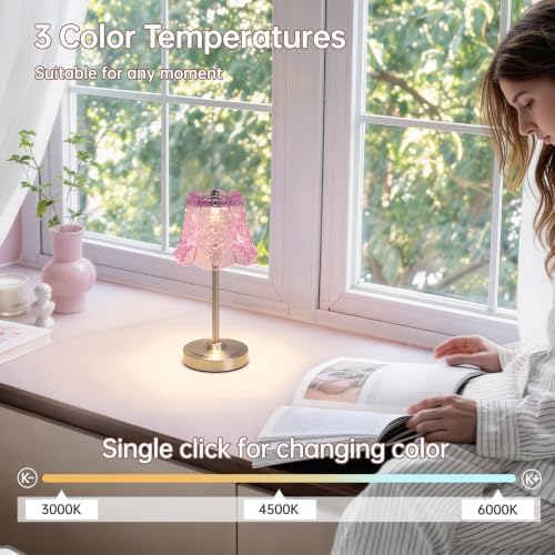 Shenmoyl Cordless Touch Table Lamp with 5200mAh Battery - 3 Adjustable Color Temperatures & Dimmable, Rechargeable Desk Lamp for Bedroom, Living Room, Office, Entryway, Bookshelves (Clear Purple Rose) - Image 4
