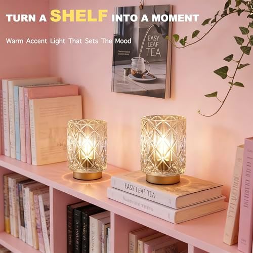 2 Pack Battery Operated Lamp,Cordless Samll Battery powered Accent Lamp with Timer for Bedside,Warm White Cozy Ambient Decorative Table Lamps for Shelf/Cubicle/Entryway/Table Decor(Iridescent Clear) - Image 4