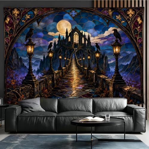 Gothic Castle Tapestry, Raven Full Moon Stained Glass Design 60x80inch by Unknown