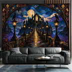 Gothic Castle Tapestry, Raven Full Moon Stained Glass Design 60x80inch by Unknown