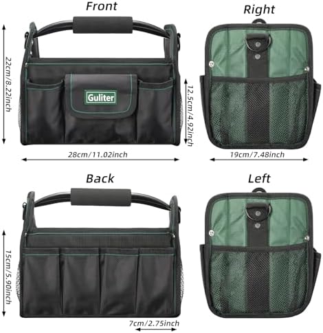 11 Inch Small Tool Bag, Open Top Tool Tote with Stainless Steel Handle and Adjustable Shoulder Strap,21 Pockets Electrician Tool Bags,Black/Green - Image 3
