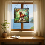 Chestnut Standardbred Horse Trotting Down Hillside Road Square Suncatcher – Stained Glass Style Window Panel with Pastoral Scene, Custom Decorative Hanging Art for Equestrian Home, Christmas SZMmNq - Image 6