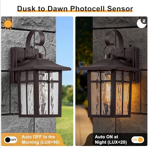 2 Pack Dusk to Dawn Outdoor Wall Lights, Brown Porch Lanterns - Image 2