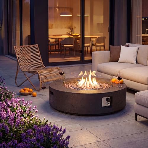 COSIEST 42 inch Outdoor Propane Fire Pit Coffee Table w Concrete Round Base Patio Heater, Certified, 50,000 BTU Stainless Steel Burner, Free Lava Rocks, Wind Guard, Rain Cover - Image 2