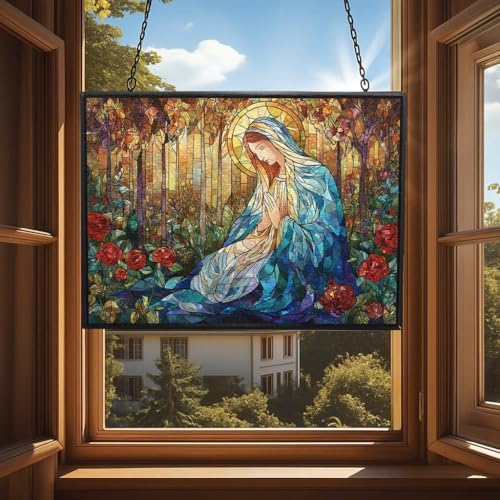 Customized Rectangle Sacred Christmas Holy Mary in Rose Forest Suncatchers for Windows, Stained Glass Window Hangings,Hand-Painted Glass Panel Perfect for Home Décor - Image 4