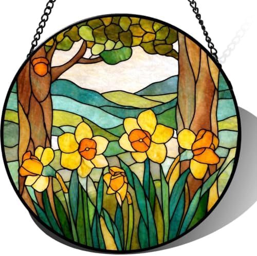 9.84 Inch Stained Glass Suncatcher Daffodil Flower Window Hanging Art Glass Ornament for Mom Unique Housewarming Gift Garden Decor Spring Landscape Wall Art for Her Home by Unknown