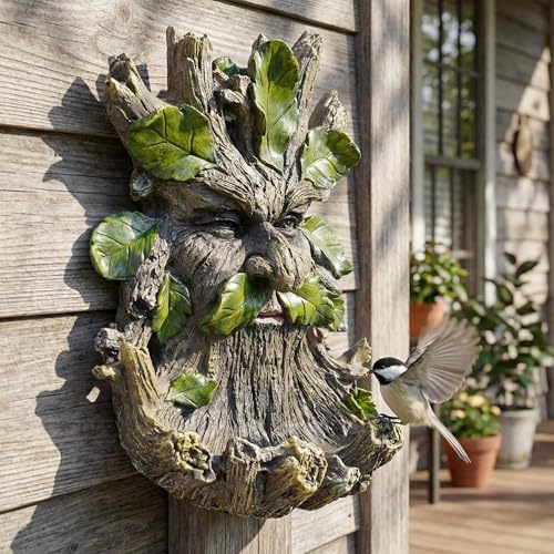 10.3" Whimsical Tree Face Sculpture, Garden Peeker Statue, Outdoor Trunk Tree Huggers Art, Landscape Accent Ornament, Hanging Fairy Elve Figurine for Yard Art, Feeder Decor Wall Mounted Statue - Image 4