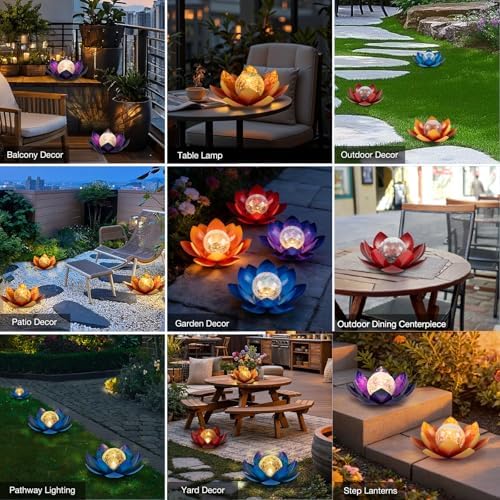Huaxu Solar Lights Outdoor Garden Decoration Crackle Globe Glass Waterproof LED Metal Blue Lotus Flowers Gift for Mom,Women,Patio,Lawn,Walkway,Tabletop,Ground - Image 2