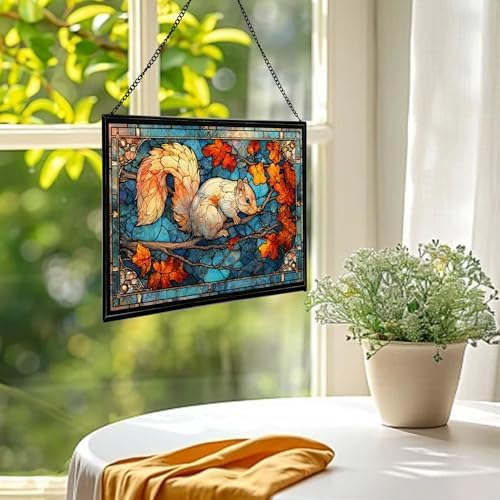 Squirrel Leaping from Tree Branch to Branch Rectangular Stained Glass Suncatcher – Hanging Window Panel with Animal & Nature Scene – Vibrant Glass Art Gift for Wildlife, Fantasy, Nature Lovers v0jcrD - Image 2
