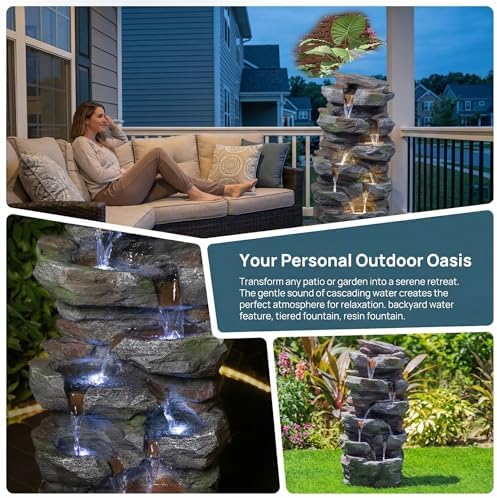 Polibi Outdoor Water Fountain with LED Lights, Rock Waterfall Garden Fountain, Tiered Cascading Resin Fountain for Patio Backyard Lawn Porch, Outdoor Water Feature with Pump, Gray - Image 4