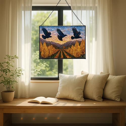 Crows Flying Over Autumn Orchard Rectangular Stained Glass Suncatcher – Hanging Window Panel with Animal & Nature Scene – Vibrant Glass Art Gift for Wildlife, Fantasy, Nature Lovers emGCYx - Image 7