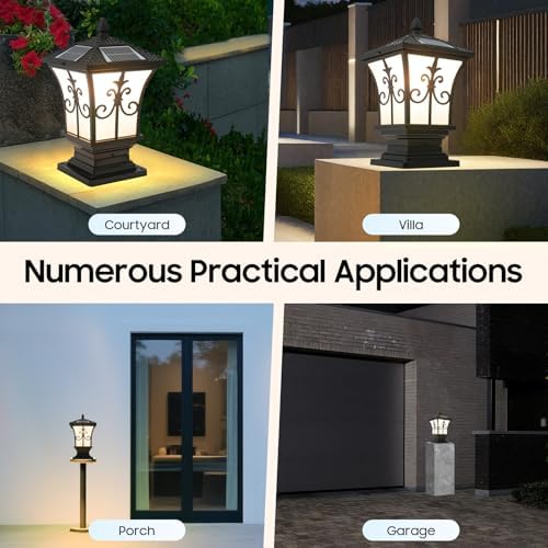 Solar Post Light with Remote Control, Outdoor Column Pillar Lamp Dusk to Dawn IP44 Waterproof for Yard, Garden, Porch, Adjustable Color Temperature, Black Modern Design (5.9x5.9x14.96in) - Image 6