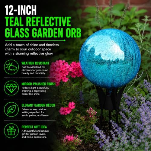 12-Inch Teal Reflective Glass Garden Orb, Mirror-Polished Hollow Sphere for Weather-Resistant Outdoor Yard Décor, Lawn Accent, Patio Landscaping, and Home Ornament, Shine, and Timeless Charm - Image 4