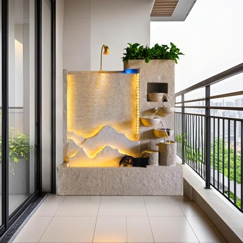 Modern Cement Water Fountain with LED Lights – 8.2ft Indoor Outdoor Garden Wall Feature, Durable Concrete Look (Left)(Right) - Image 3