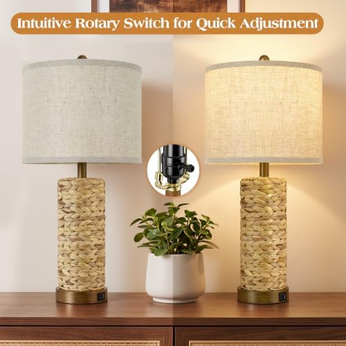 GyroVu Rattan Table Lamps Set of 2, Bedside Lamps for Bedroom Nightstand - Image 3