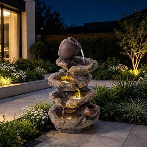 Rock & Jar Outdoor Water Fountain, Resin with LED Light - Image 3
