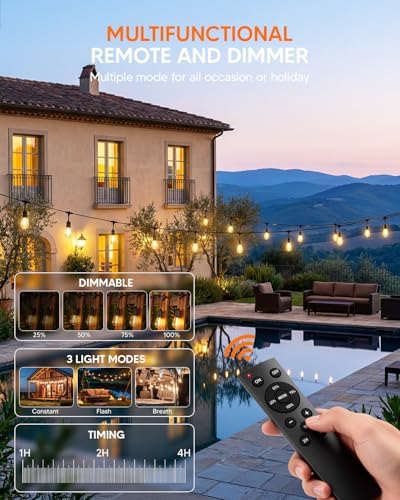 100FT Outdoor String Light 32+2 Bulbs 2W, 120W Dimmer Remote IP65Waterproof - Image 4