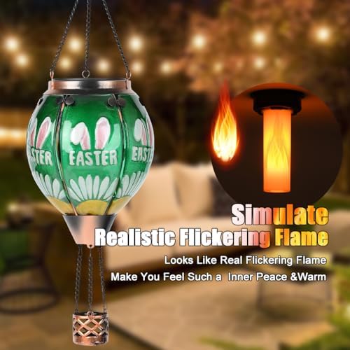 Easter Hot Air Balloon Solar Lantern - Bunny Stained Glass Lantern, Simulated Flickering Dancing Flame, Outdoor Hanging Yard Light Waterproof IP65 for Patio Lawn Porch Decor Rabbit Gift - Image 2