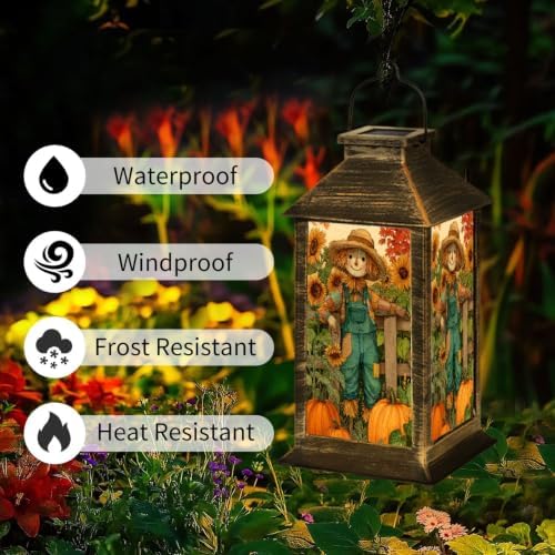 Fall Solar Lantern Rustic Harvest Watercolor Sunflowers Pumpkins Maple Leaves Waterproof Outdoor Hanging Lantern, Solar Powered Garden Light for Patio Yard Camping, Halloween Gift - Image 3
