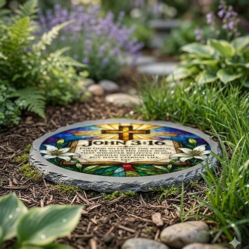 Magnolia Garden 10-Inch John 3:16 Scripture Stepping Stone - Faux Stained Glass Bible Verse Garden Stone, Weather-Resistant Resin Pathway Accent, Christian Cross Outdoor Yard Decor & Walkway Plaque - Image 4