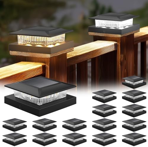 16 Pack Solar Post Cap Lights 4x4, Dual-Color Waterproof Fence Post Solar Lights, Fits 4x4 Vinyl or 3.5x3.5 Wood Posts, Dusk to Dawn Outdoor Lighting for Deck, Garden & Porch Decor, Black by ICERONALLC