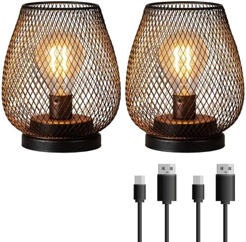 Set of 2 Rechargeable Lamp LED Table Lantern, Brown Metal Cage Cordless Lamps with LED Bulb，Vintage Decorative Outdoor Lantern for Weddings, Parties, Patio, Events for Indoors Shelf Decor by DECORKEY
