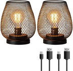 Set of 2 Rechargeable Lamp LED Table Lantern, Brown Metal Cage Cordless Lamps with LED Bulb，Vintage Decorative Outdoor Lantern for Weddings, Parties, Patio, Events for Indoors Shelf Decor by DECORKEY