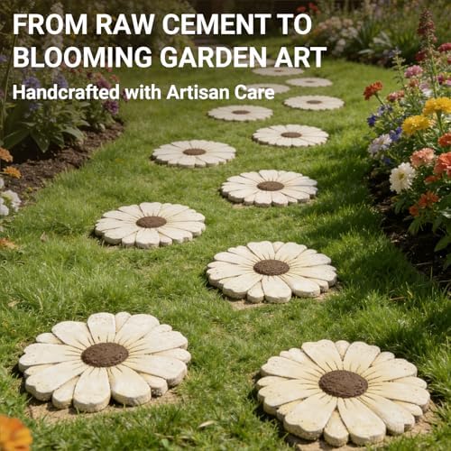 Heavy Duty Concrete Stepping Stone 10 Inch Daisy Design, Non Slip Garden Pathway Stone for Outdoor Walkway Yard Patio Lawn Fall Garden(White) - Image 3