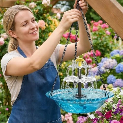 2026 New Solar Cascade Hanging Bird Bath Fountain, 3 Layers Outdoor Water Feature, Outdoor Hanging Bird Bath with Solar Fountain, with Solar Pump & Glass Bowl, for Outdoor, Gardens (Blue) - Image 6