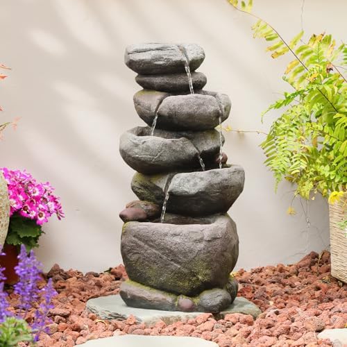 Bumilgar 27.8" H Outdoor Water Fountain with LED Lights, 5-Tier Cascading Stone Waterfall Fountain, Natural Rock Resin Outdoor Water Fountain for Garden Patio Backyard Porch Indoor Decor - Image 3