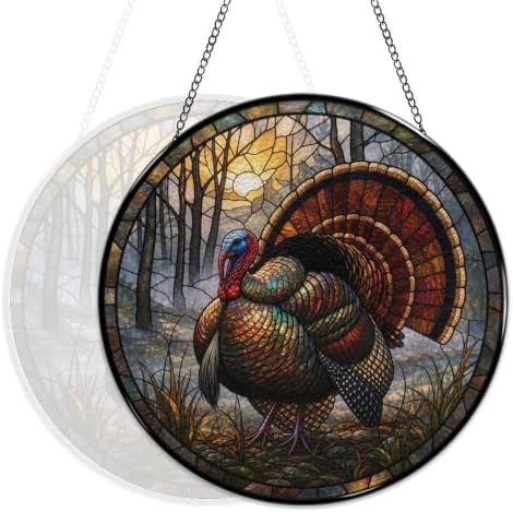 Autumn Wild Turkey Stained Glass Suncatcher 9.8" Colorful Window Hanging Ornament, Retro Sun Catcher Decor with Chain for Home Wall Garden Birthday Christmas Mothers Day - Image 5