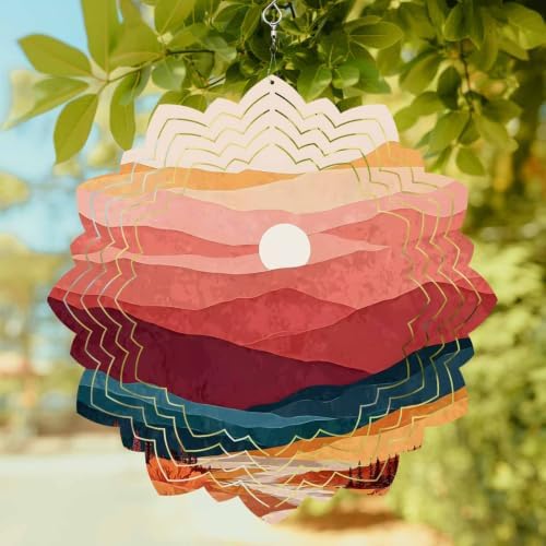 12 Inch Abstract Sunset Wind Spinner for Yard and Garden,Boho Gradient Red Brown Country Mountain Forest Hanging Ornaments Outdoor 3D Kinetic Wind Sculpture Spinners Indoor Outdoor Patio Décor Gift - Image 2